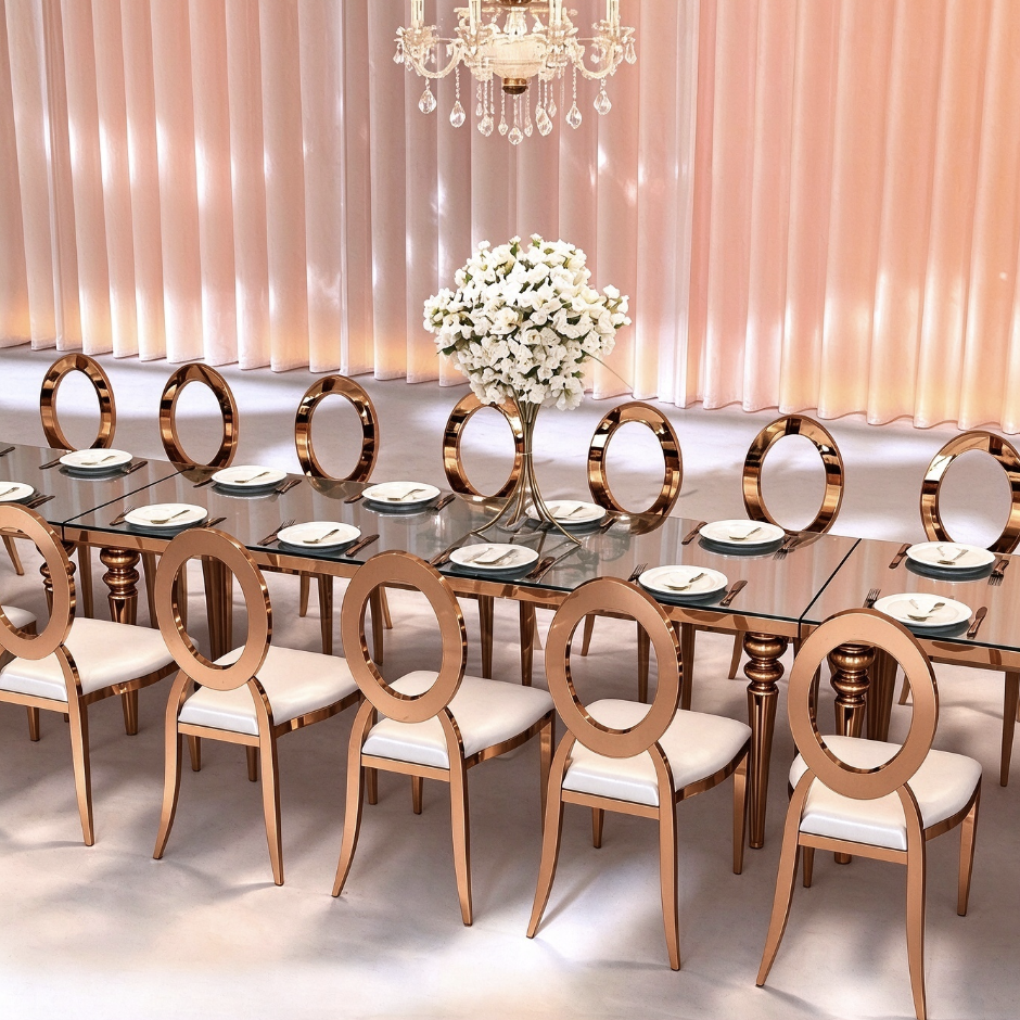Gold ring back chair with glass top wedding banquet table for wedding reception from Xingchen Furniture