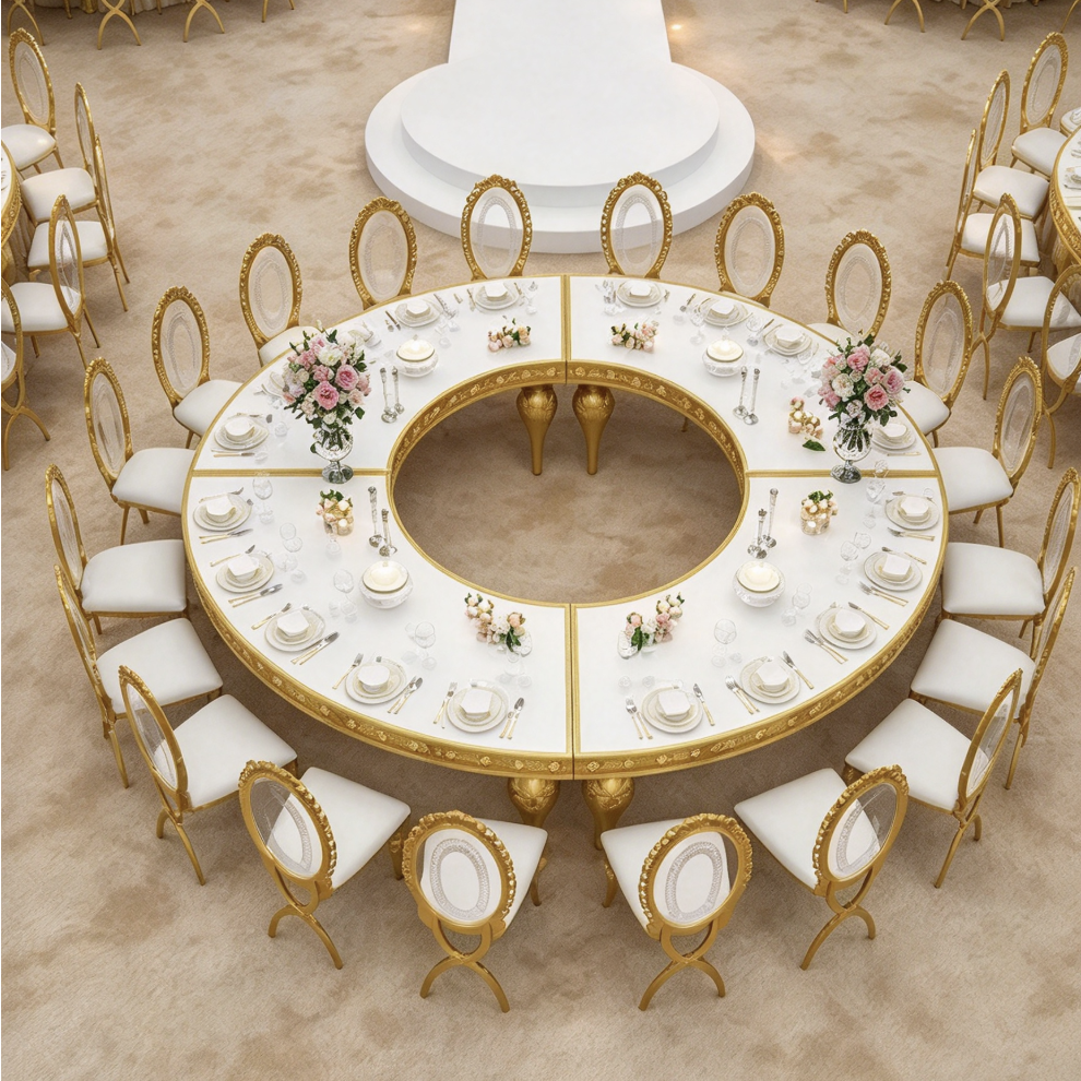 White round center hole table with gold legs and banquet chairs