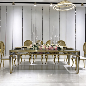 Mirror top gold leg wedding banquet table with gold ring chairs from Xingchen Furniture
