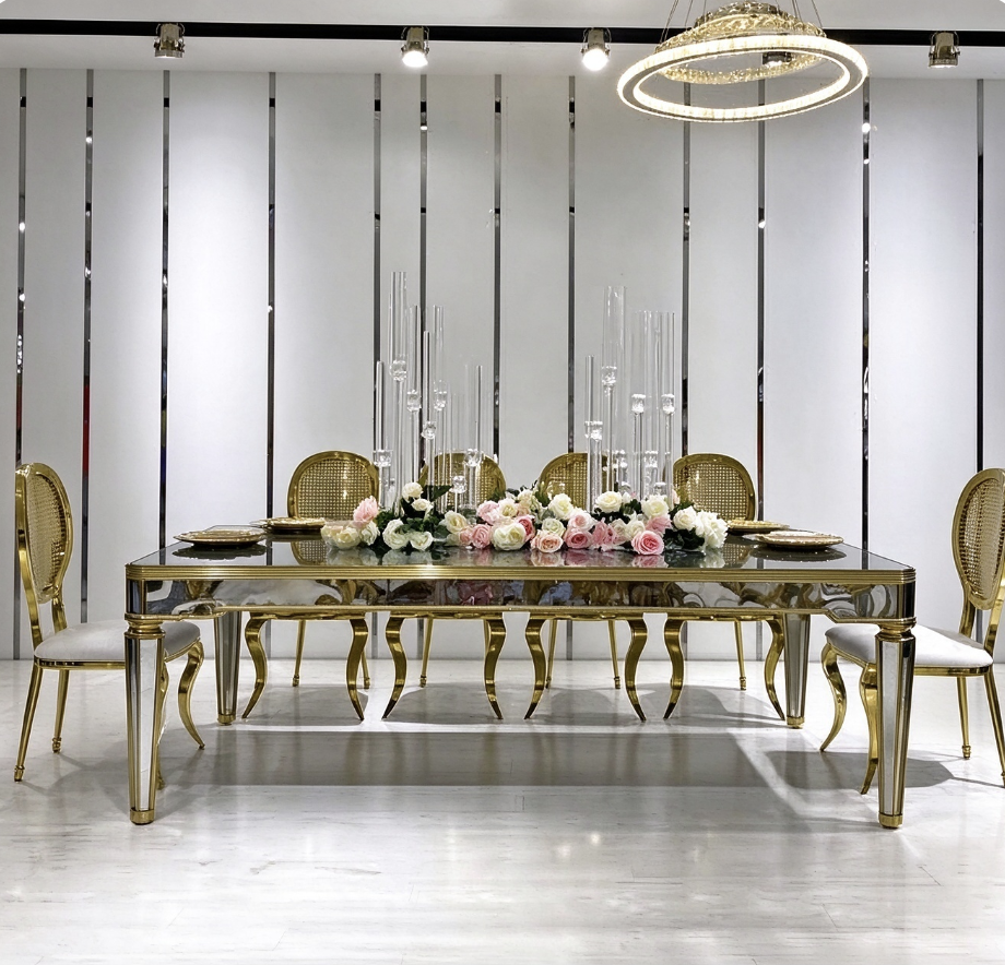 Mirror top gold leg wedding banquet table with gold ring chairs from Xingchen Furniture