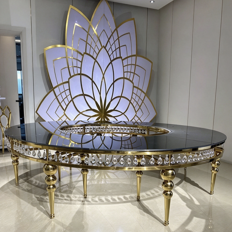 Black curved table with gold crystal legs and shell chairs