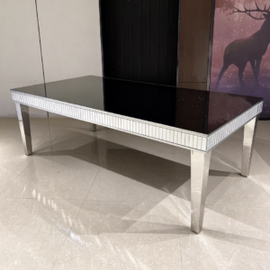 db9a7a8d-5d1f-4e1d-ab6d-71f8eba9dca0 Black mirror top silver leg wedding banquet table with ghost chairs from Xingchen Furniture