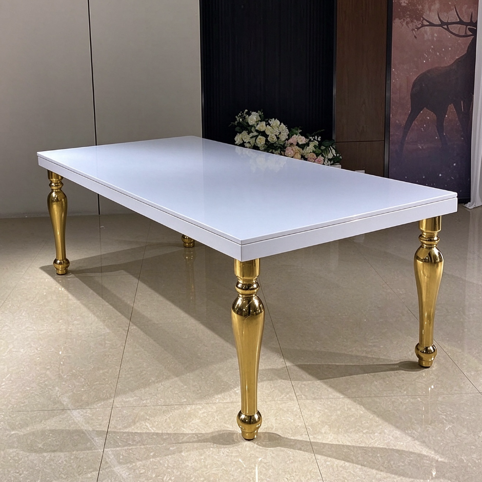 White top wedding banquet table with polished gold carved legs