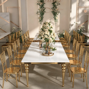 White top gold leg wedding table with elegant floral decor for ceremony venue