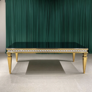 Black mirror top wedding banquet table with gold ring edge and carved legs