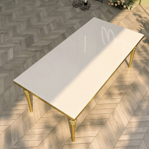 White top wedding banquet table with polished gold turned legs from Xingchen Furniture