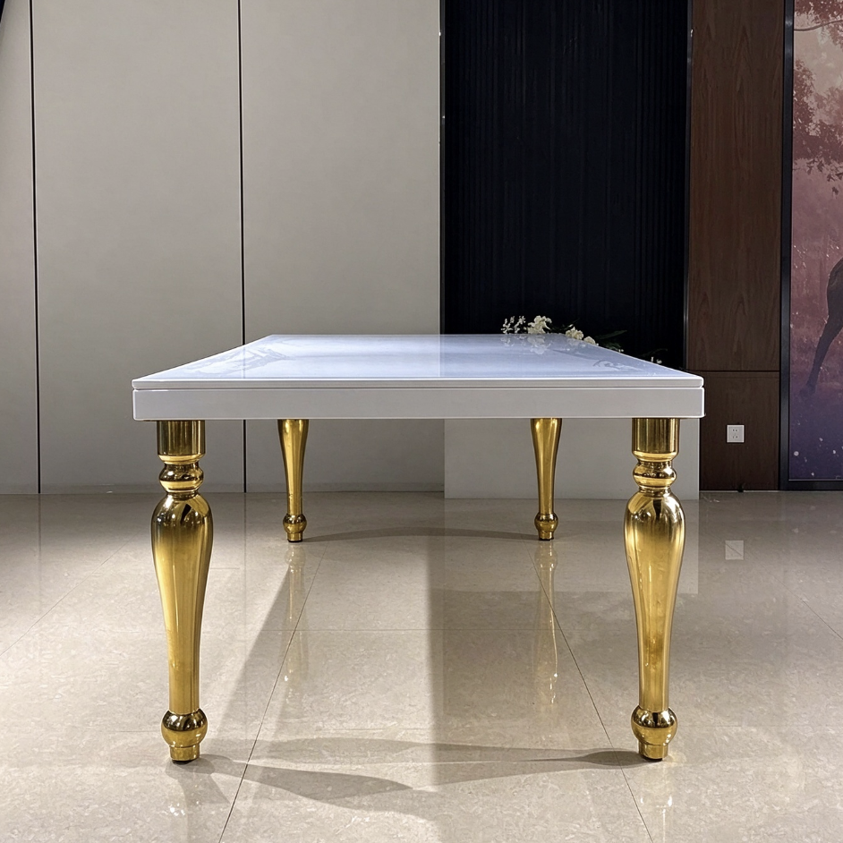 White top wedding banquet table with polished gold carved legs