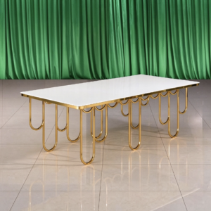 White top wedding banquet table with artistic gold loop base from Xingchen Furniture