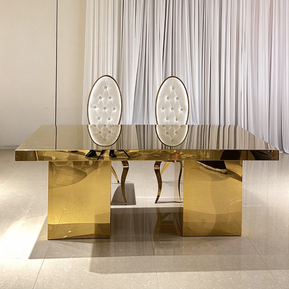 Gold mirror top double pedestal wedding banquet table from Xingchen Furniture