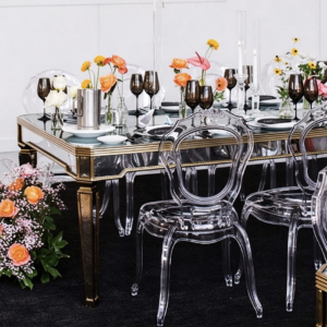 f0735502-b0f3-40a1-9779-c20e27b62e8f Acrylic ghost chair with gold or white top wedding banquet table from Xingchen Furniture