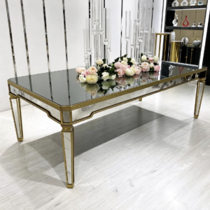 Mirror top gold leg wedding banquet table with gold ring chairs from Xingchen Furniture